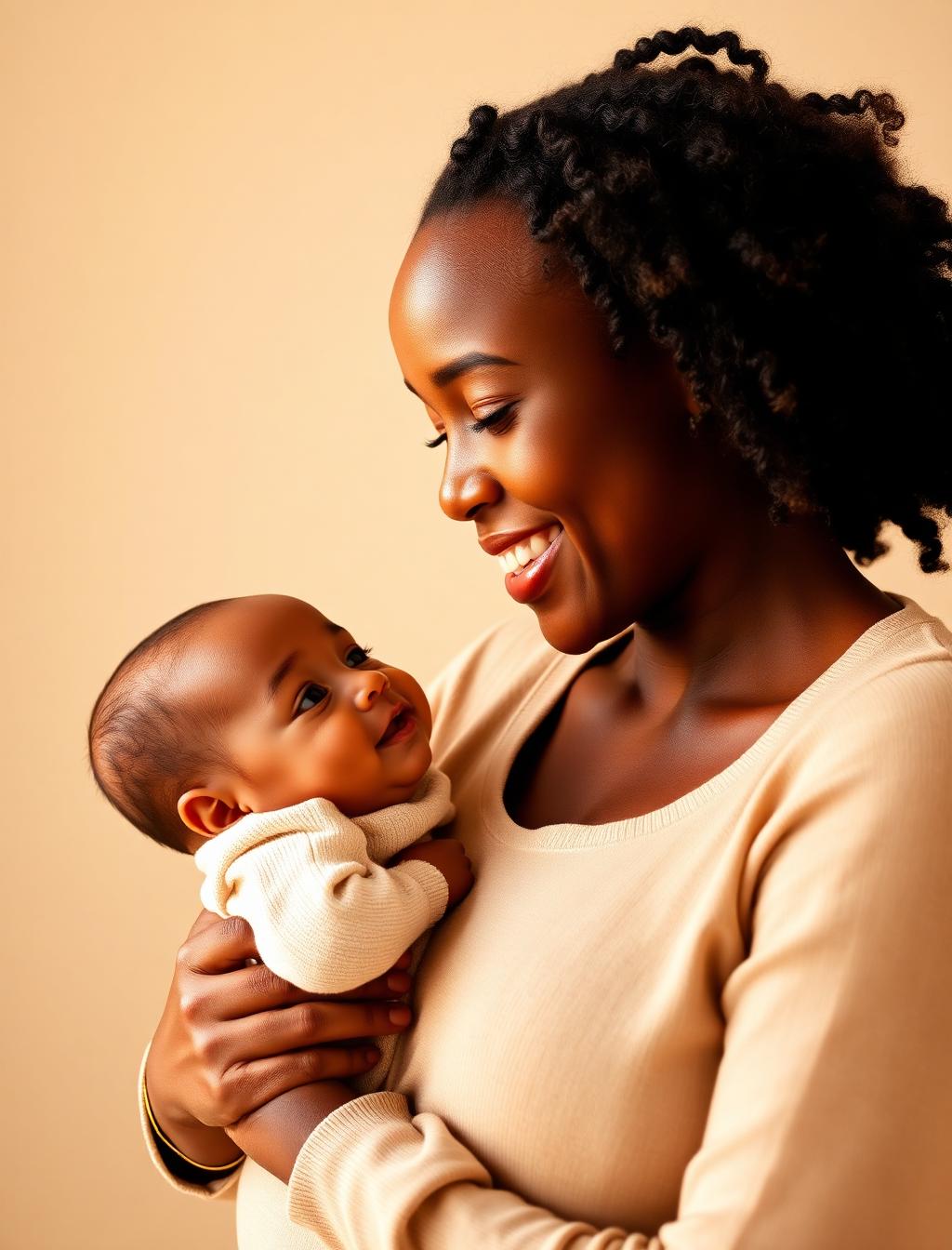 Smiling mother holding her baby, who reaches up to touch her face